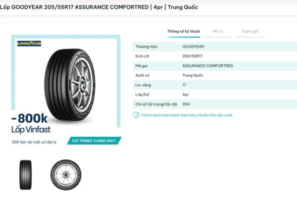 Thông số chi tiết lốp Goodyear  205/55R17 Assurance Comforttred