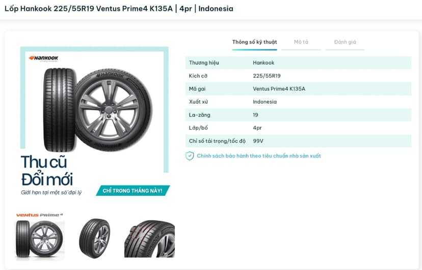 Hankook 225/55R19 là một lựa chọn phù hợp cho Mazda CX-5