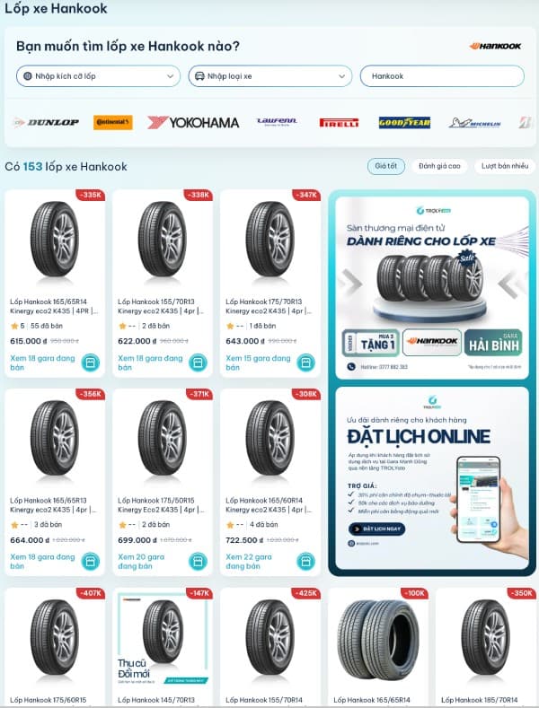 TROLYoto cung cấp đa dạng các sản phẩm lốp ô tô Hankook