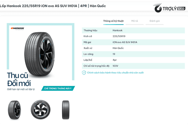 Lốp Hankook 225/55R19 iON evo AS SUV IH01A với chỉ số tải trọng/tốc độ 103V là lựa chọn lý tưởng cho VF8 Eco