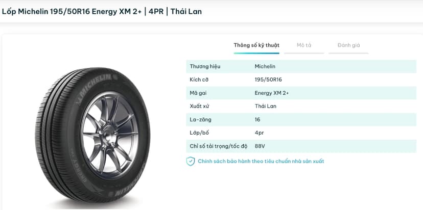 Michelin 195/50R16 Energy XM 2+ là sản phẩm thích hợp cho xe Hyundai Accent