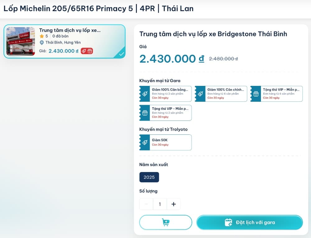 Một loạt chương trình ưu đãi khi mua lốp Michelin 205/65R16 qua TROLYoto