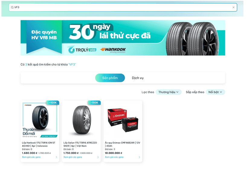 Sử dụng nền tảng TROLYoto để tìm kiếm các sản phẩm phù hợp với xe VinFast VF3