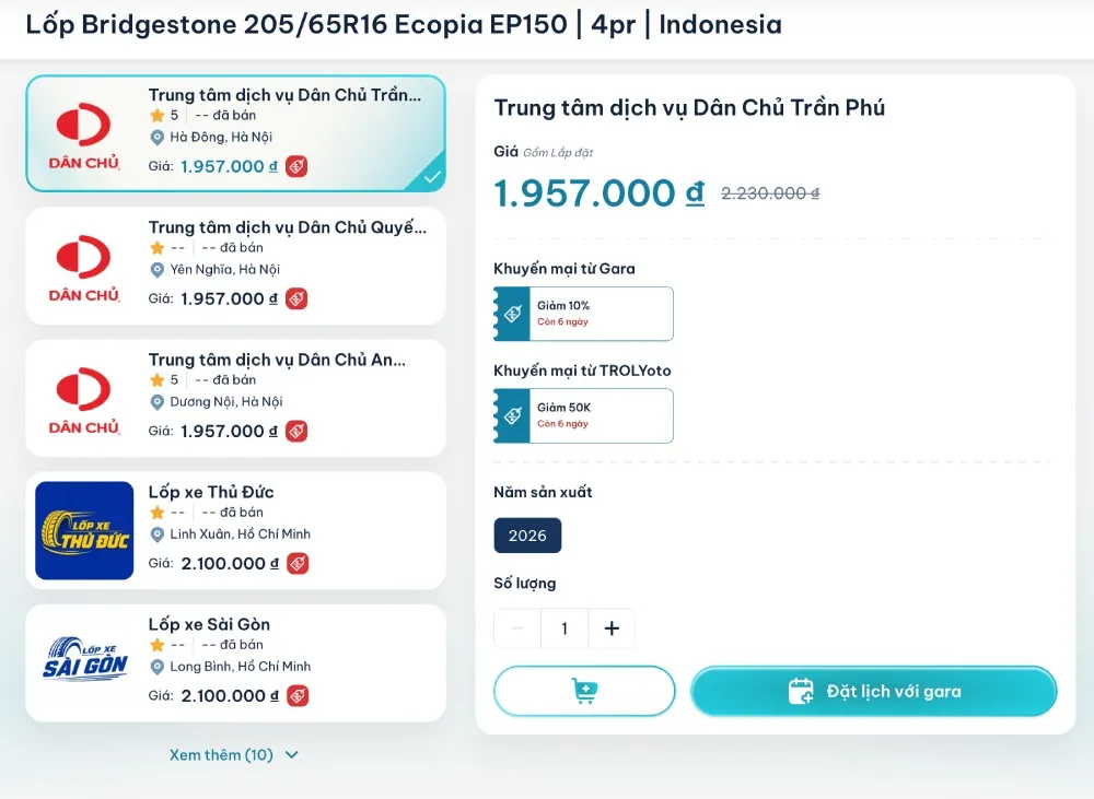 Mua lốp Bridgestone chính hãng, giá tốt qua TROLYoto