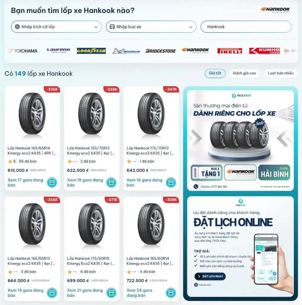 Giá một số sản phẩm lốp Hankook trên TROLYoto