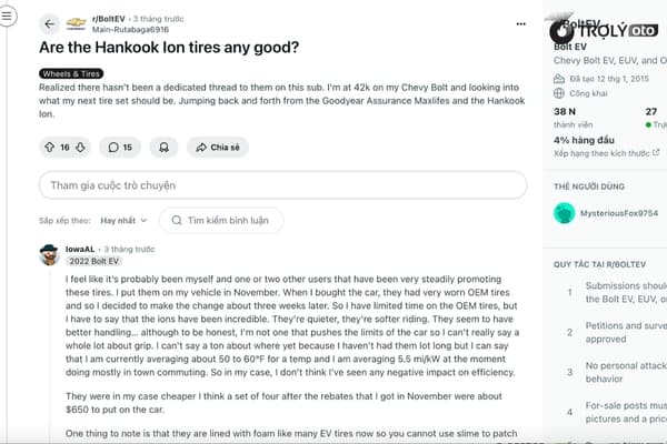 Nhiều người dùng đánh giá cao lốp Hankook nhờ lái êm ái và an toàn