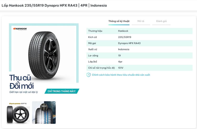 Lốp Hankook 235/55R19 Dynapro HPX RA43 là một lựa chọn phù hợp cho Kia Sportage