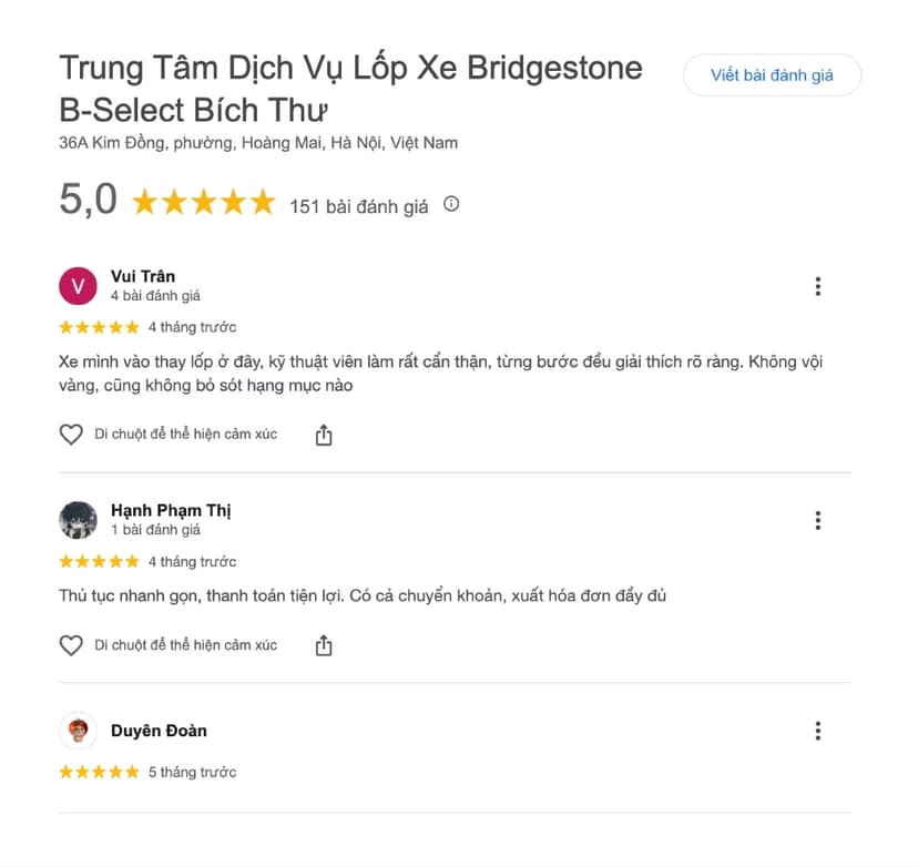 Đánh giá gara Bích Thư Kim Đồng trên Google Maps