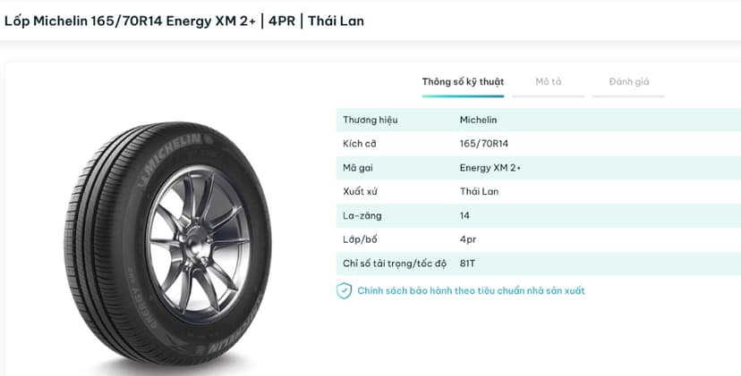 165/70R14 Energy XM 2+ hiện là mẫu lốp duy nhất của Michelin phù hợp với Hyundai Grand i10