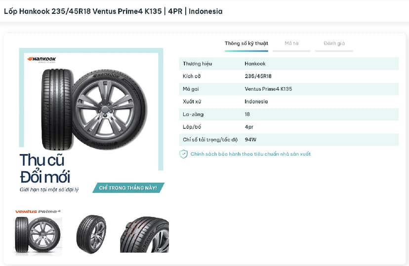 Hankook 235/45R18 Ventus Prime4 K135 phù hợp với các dòng xe Kia Optima đời mới