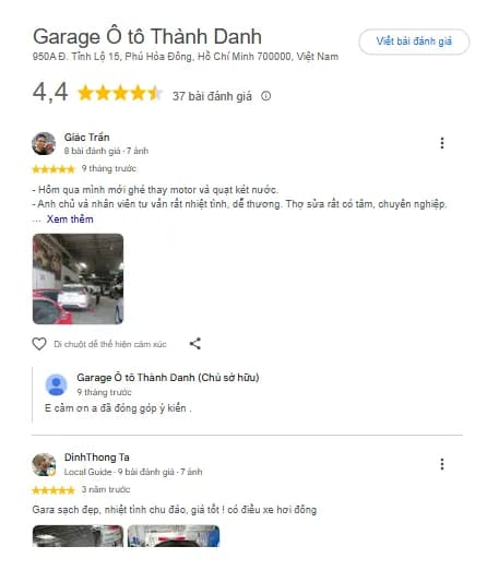 Đánh giá tích cực của chủ xe dành cho không gian và dịch vụ của Gara Ô Tô Thành Danh