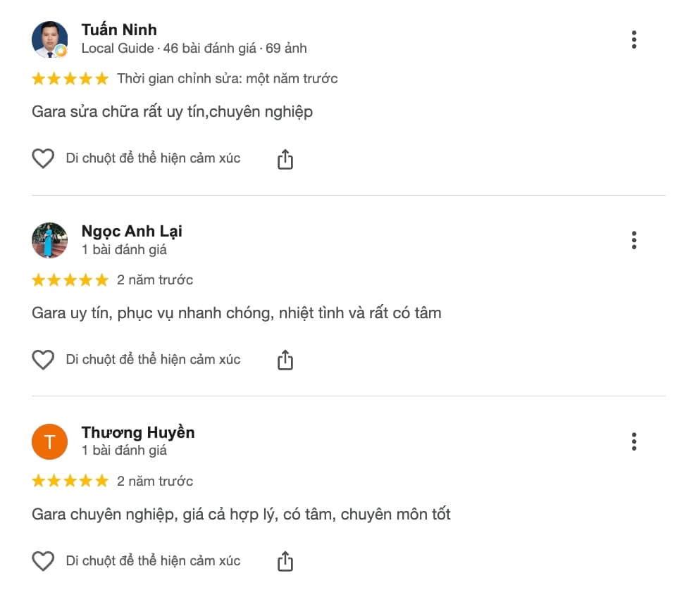 Review từ khách hàng về gara Diễn Trang
