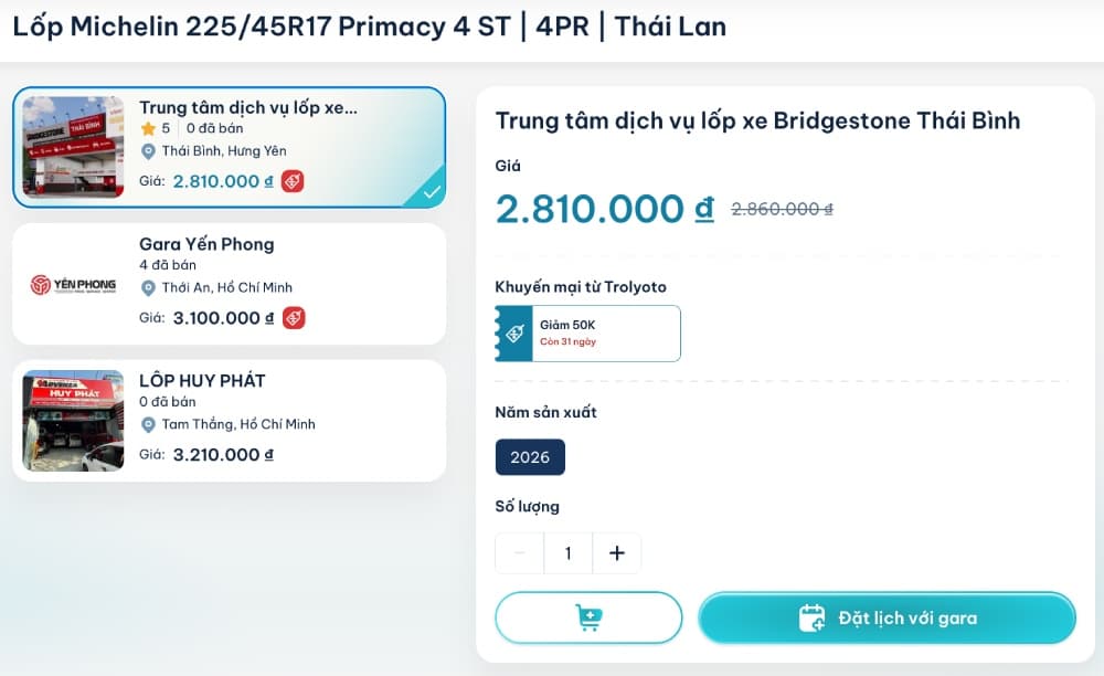 Bảng giá lốp Michelin 225/45R17 từ Thái Lan trên TROLYoto