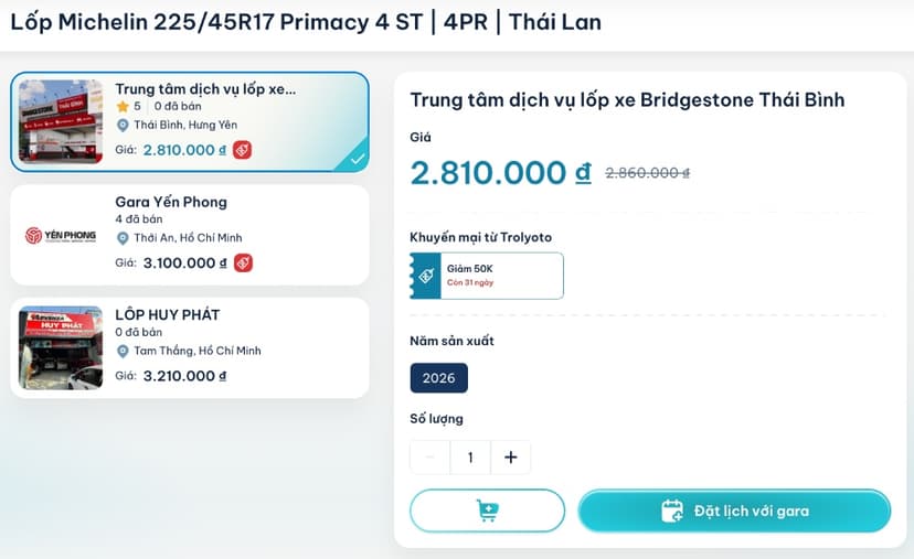 Bảng giá lốp Michelin 225/45R17 từ Thái Lan trên TROLYoto