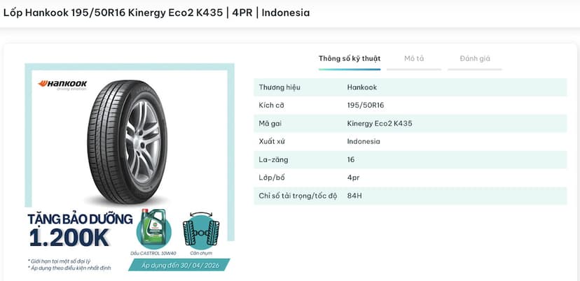 Lốp Hankook 195/50R16 Kinergy Eco2 K435 phù hợp với dòng Hyundai Accent 5Drs 1.4 CVT