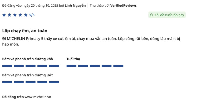 Khách hàng đánh giá cao độ êm ái của dòng lốp Michelin Primacy 5
