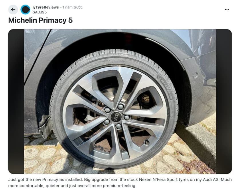 Người dùng Reddit đánh giá cao về lốp ô tô Michelin Primacy 5
