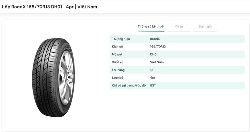Lốp RoadX 165/70R13 là một sản phẩm phù hợp với Kia Pride
