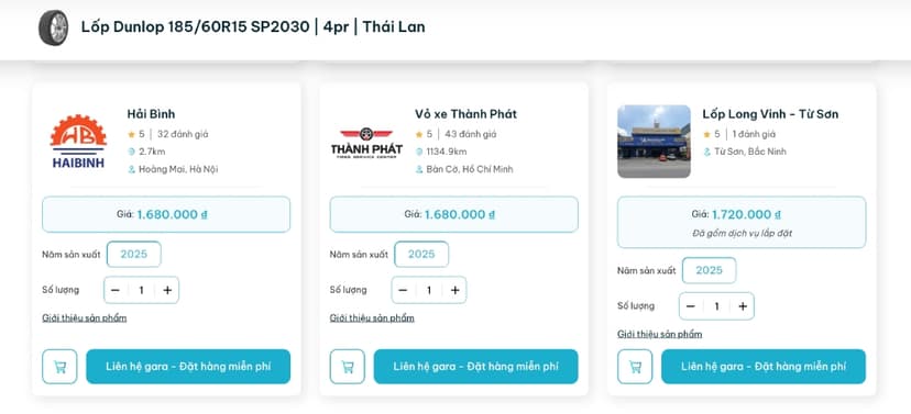 TROLYoto kết nối người dùng với các gara uy tín thay lốp Dunlop 185/60R15 SP2030 trên toàn quốc