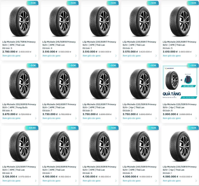 Danh sách sản phẩm lốp Michelin Primacy SUV+ trên TROLYoto