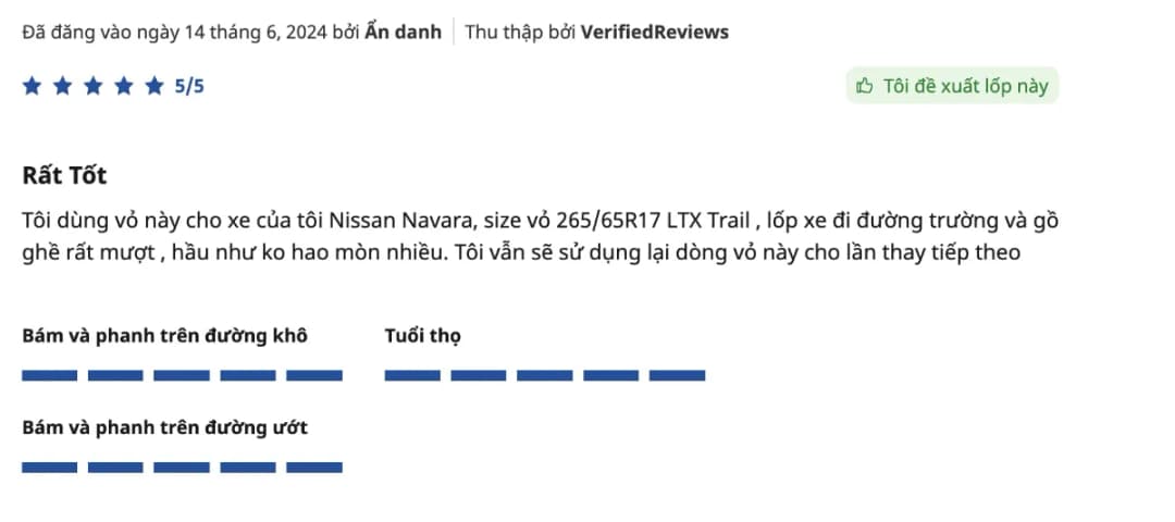 Một đánh giá tích cực từ người dùng về mã gai LTX Trail của Michelin