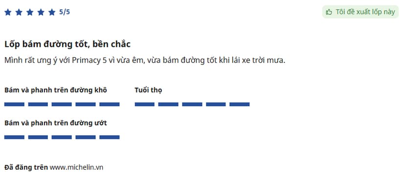 Người dùng đánh giá cao khả năng phanh ổn định trên đường ướt của dòng Michelin Primacy 5