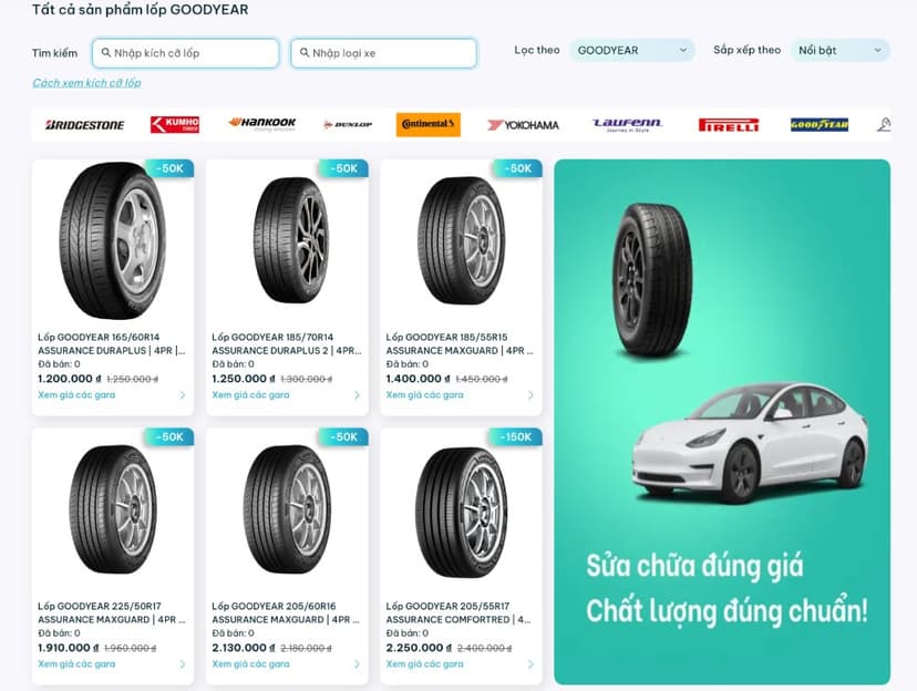 TROLYoto liên kết với các đại lý lốp Goodyear chính hãng trên toàn quốc