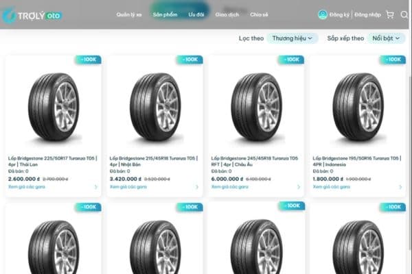 Các sản phẩm lốp Bridgestone Turanza T005A có mức giá đa dạng