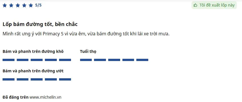 Người dùng đánh giá cao khả năng phanh ổn định trên đường ướt của dòng lốp Michelin Primacy 5