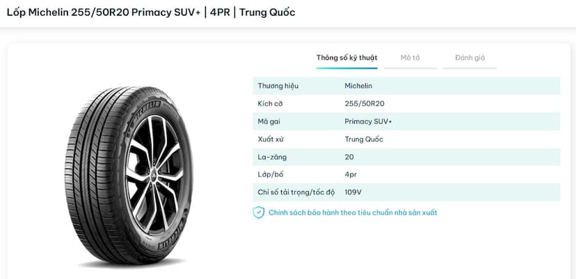 Lốp Michelin kích thước 255/50R20 phù hợp với xe Ford Explorer