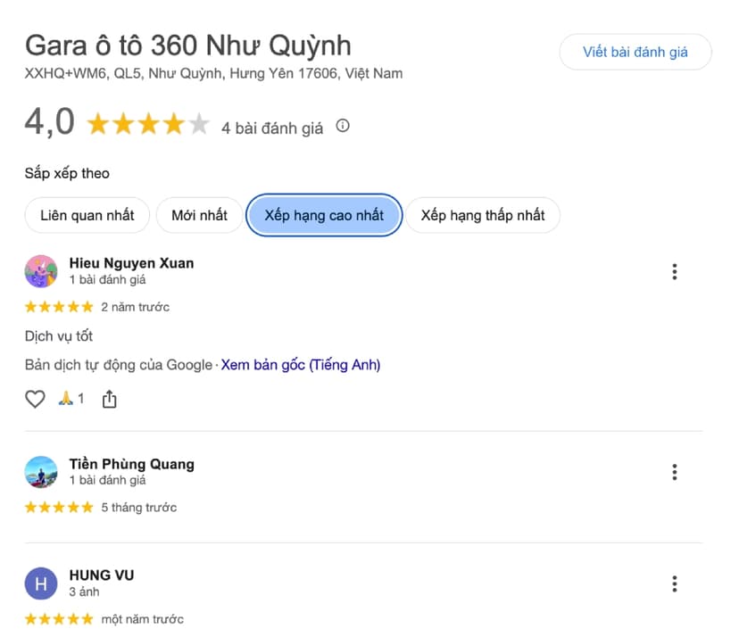 Một số đánh giá của khách hàng về Gara 360 Như Quỳnh tại thời điểm tháng 05/2026