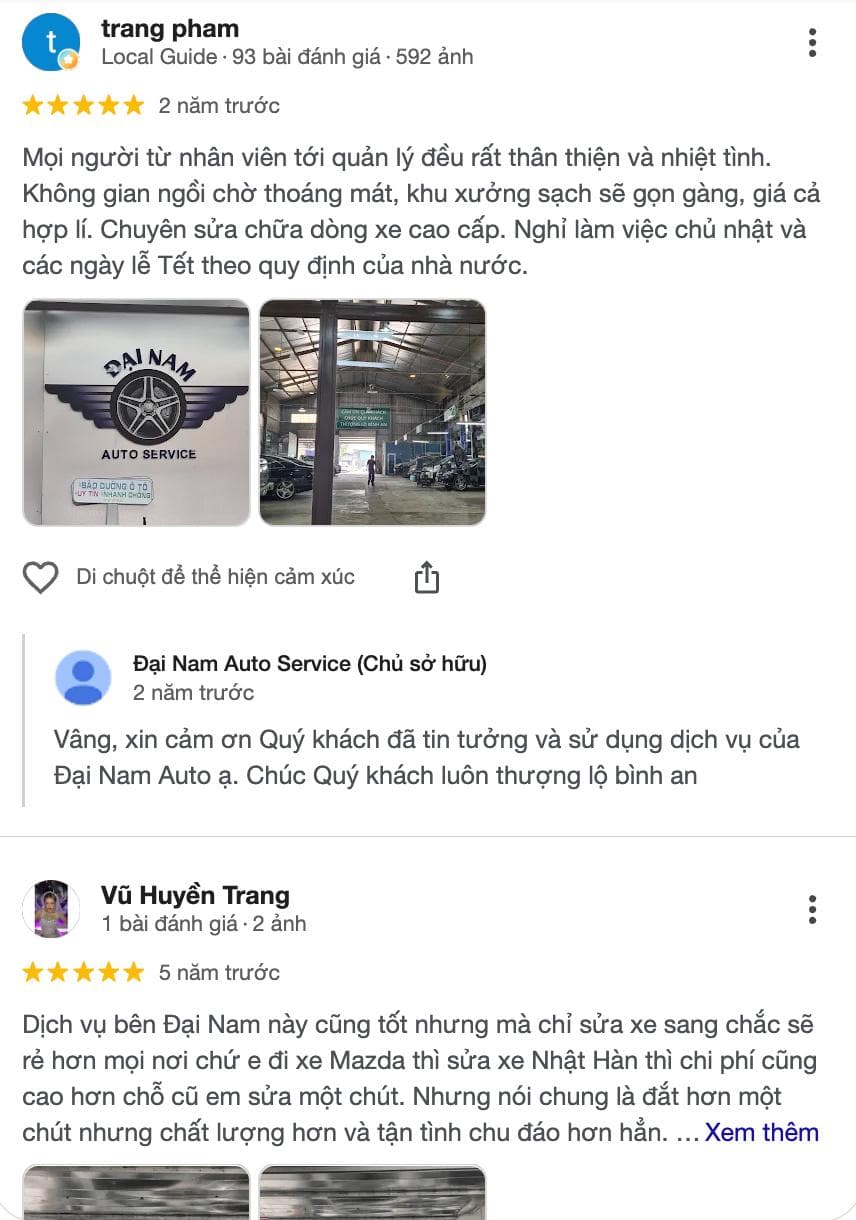 review từ khách hàng về gara ô tô Đại Nam