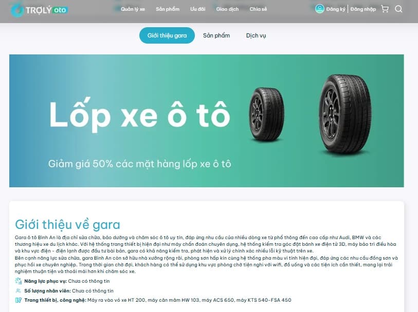 Thông tin giới thiệu tổng quan, sản phẩm và dịch vụ của gara trên TROLYoto