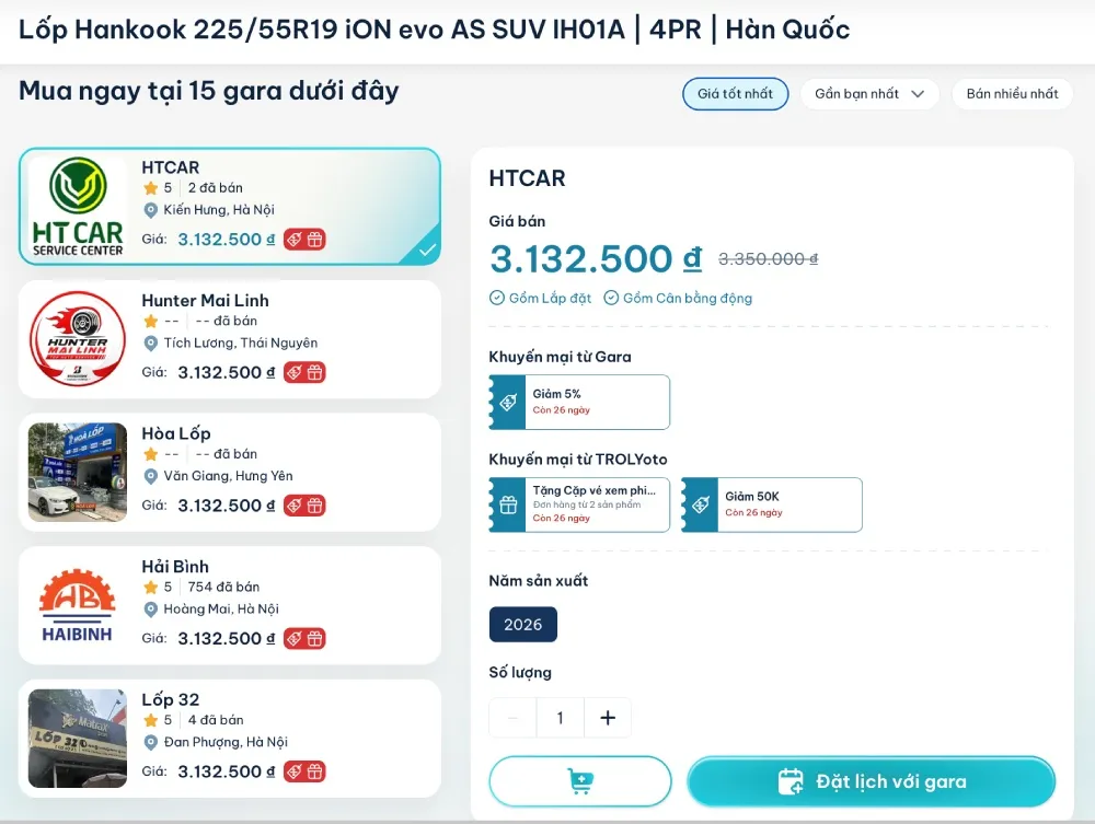 Tra cứu giá lốp Hankook 225/55R19 iON evo AS SUV tại các gara trên toàn quốc trên TROLYoto