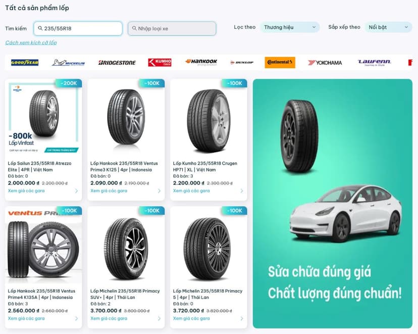 Các sản phẩm lốp 235/55R18 phù hợp với Territory Titanium 1.5L AT và Trend 1.5L AT trên TROLYoto