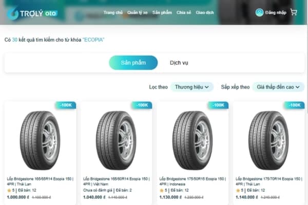 Mua lốp Bridgestone Ecopia trên nền tảng TROLYoto