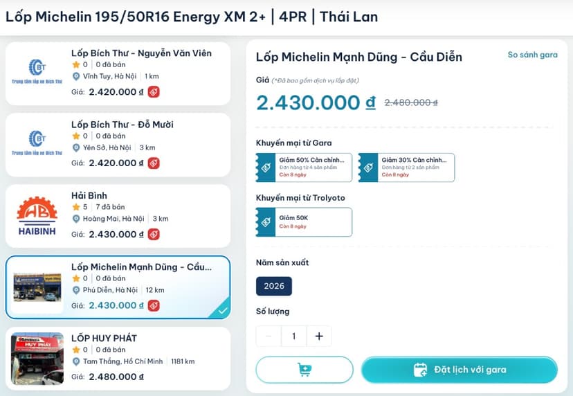 Một chương trình ưu đãi khi mua lốp Michelin 195/50R16 tại gara liên kết với TROLYoto