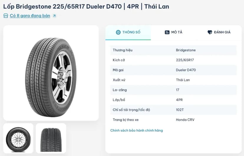 Lốp Bridgestone 225/65R17 Dueler D470 là một lựa chọn phù hợp cho Honda CR-V
