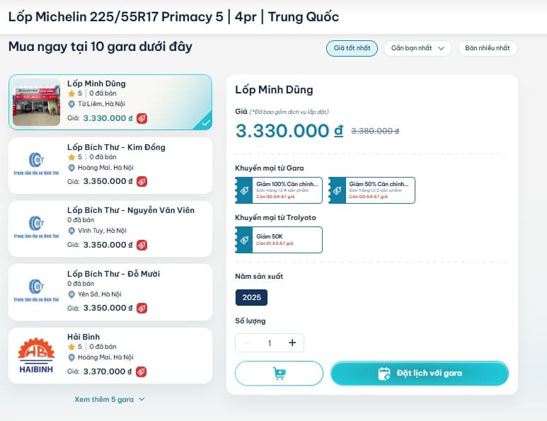 TROLYoto giúp chủ xe xem giá, chọn gara và đặt lịch thay lốp thuận tiện