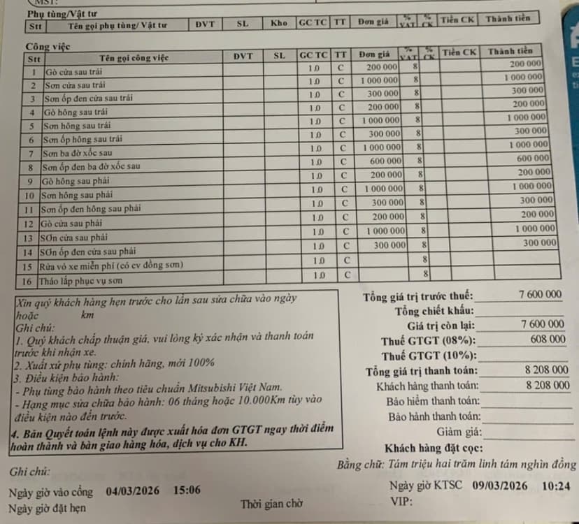 Hoá đơn sau khi thực hiện dịch vụ sơn gò hàn ô tô tại 1 gara ở Hà Nội