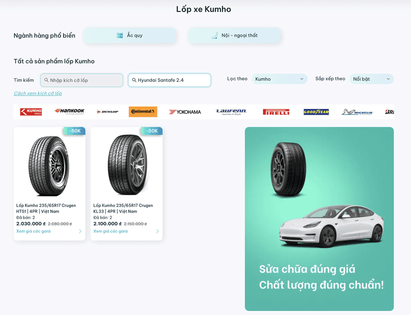 TROLYoto giúp người dùng dễ dàng tra cứu, so sánh giá và đặt lịch thay lốp Kumho