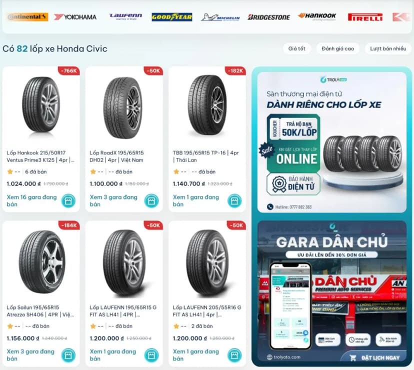 TROLYoto mang đến đa dạng lốp xe Honda Civic, đáp ứng nhu cầu của mọi chủ xe