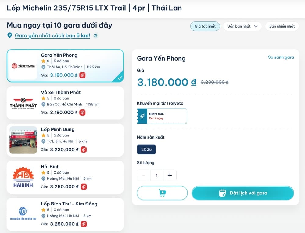 Bảng giá lốp Michelin 235/75R15 LTX Trail trong tháng 06/2026