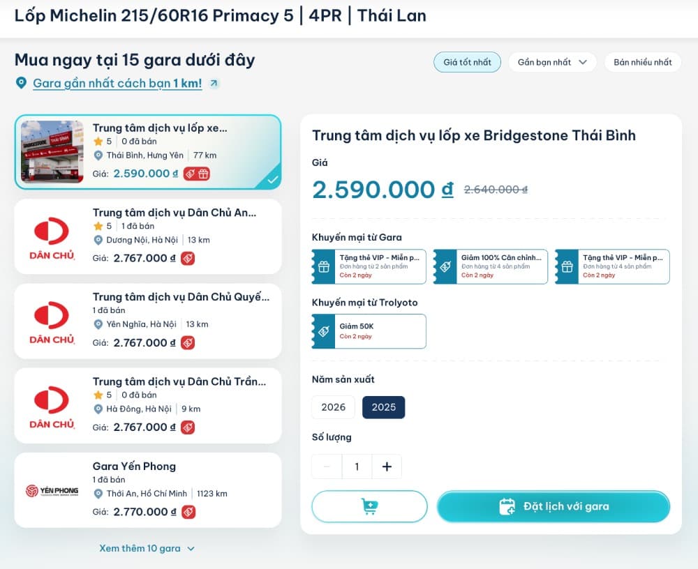 TROLYoto giúp chủ xe kiểm tra giá, chọn gara và đặt lịch thay lốp thuận tiện