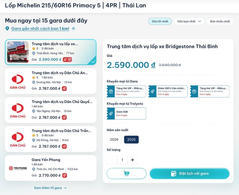 TROLYoto giúp chủ xe kiểm tra giá, chọn gara và đặt lịch thay lốp thuận tiện