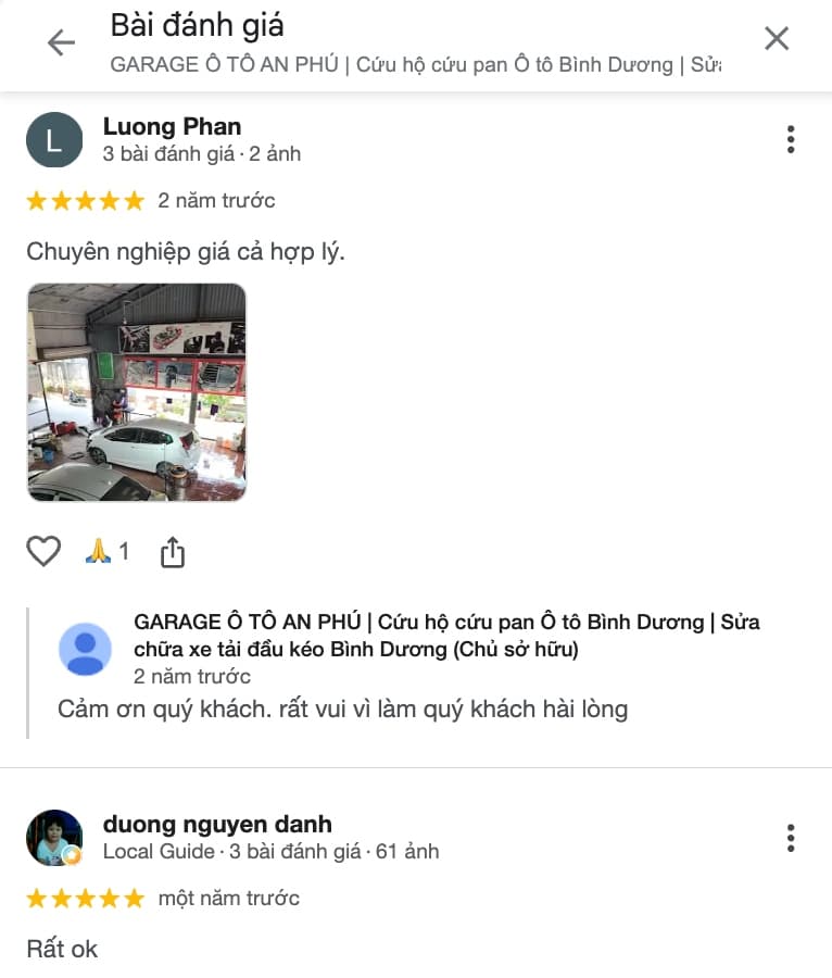 Review của khách hàng về gara An Phú trên Google Maps