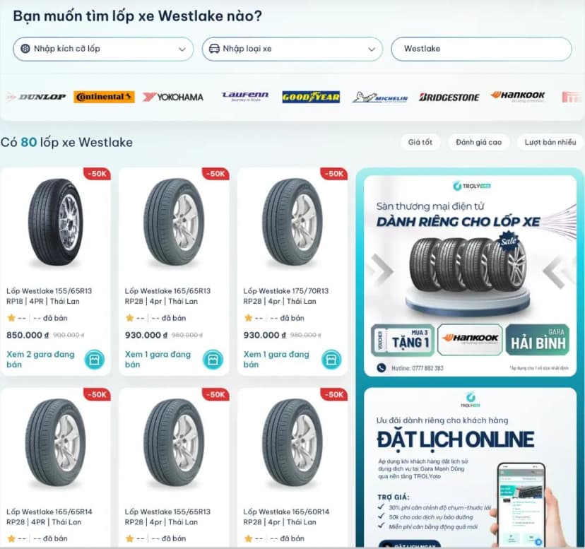 Tìm mua lốp trên TROLYoto một cách nhanh chóng