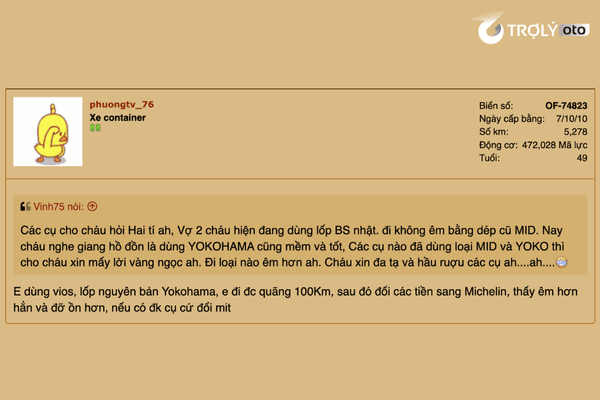 Michelin được nhiều người dùng đánh giá vượt trội hơn Yokohama về độ êm ái