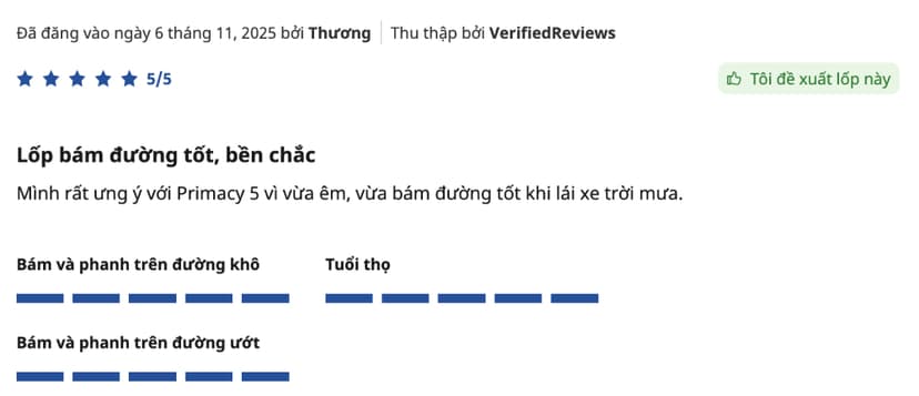 Một người dùng khác đánh giá dòng Primacy 5 có khả năng bám đường tốt