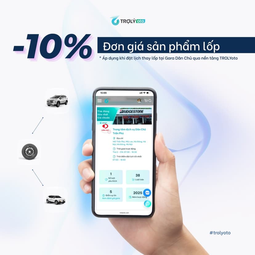 Một chương trình ưu đãi khi đặt lịch thay lốp tại gara Dân Chủ qua nền tảng TROLYoto trong tháng 04/2026